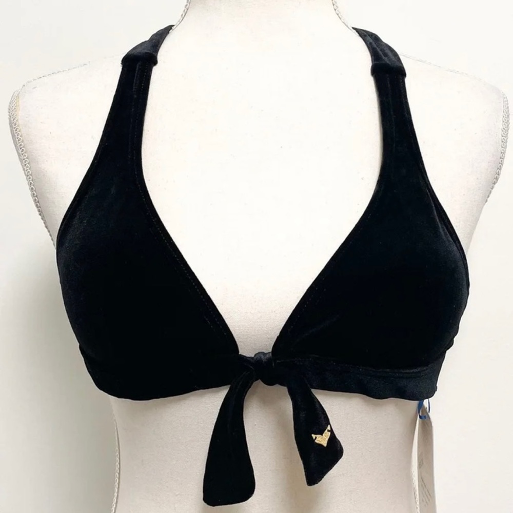 Lisa Blue Black Velvet Sorceres Halter Bikini Top NWT Medium Tie Gold Tone Charm